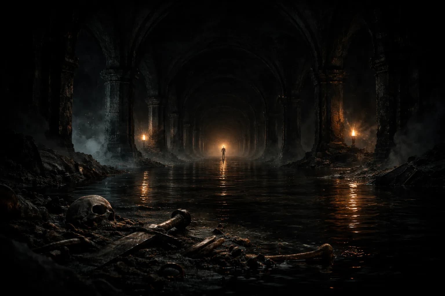 Flooded crypt hallway